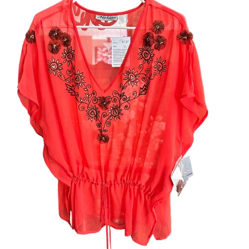 NWT  Vintage Molato Embroidered Sequins Sheer Orange Brown Blouse Size XL 129.00